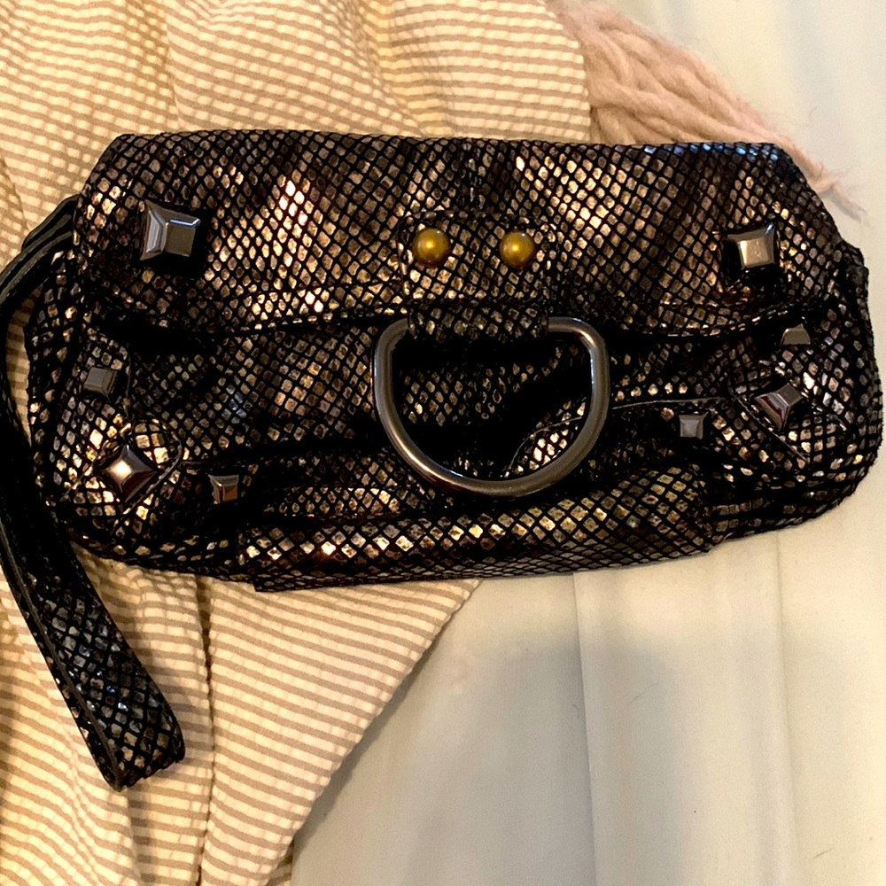 Hayden harnett snake skin clutch in gold and  black